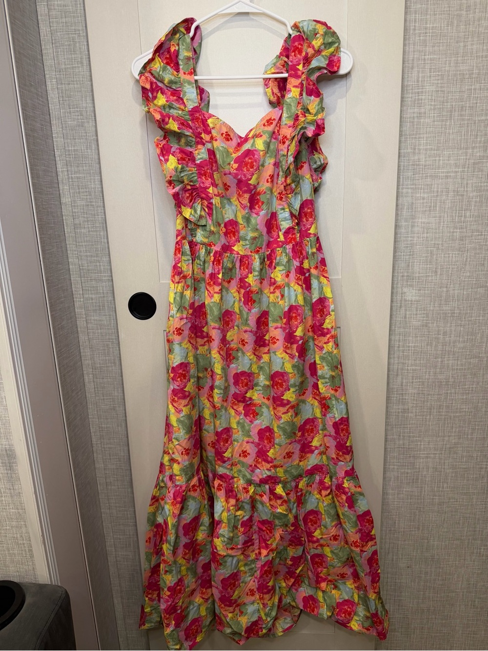 Floral Ruffle Maxi Dress in Pink and Green